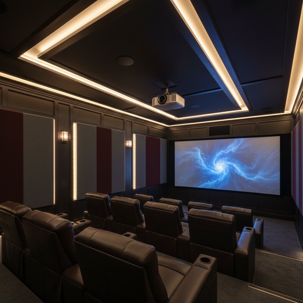 Professional home cinema installation showing large screen, surround sound speakers, and comfortable seating in modern London home
